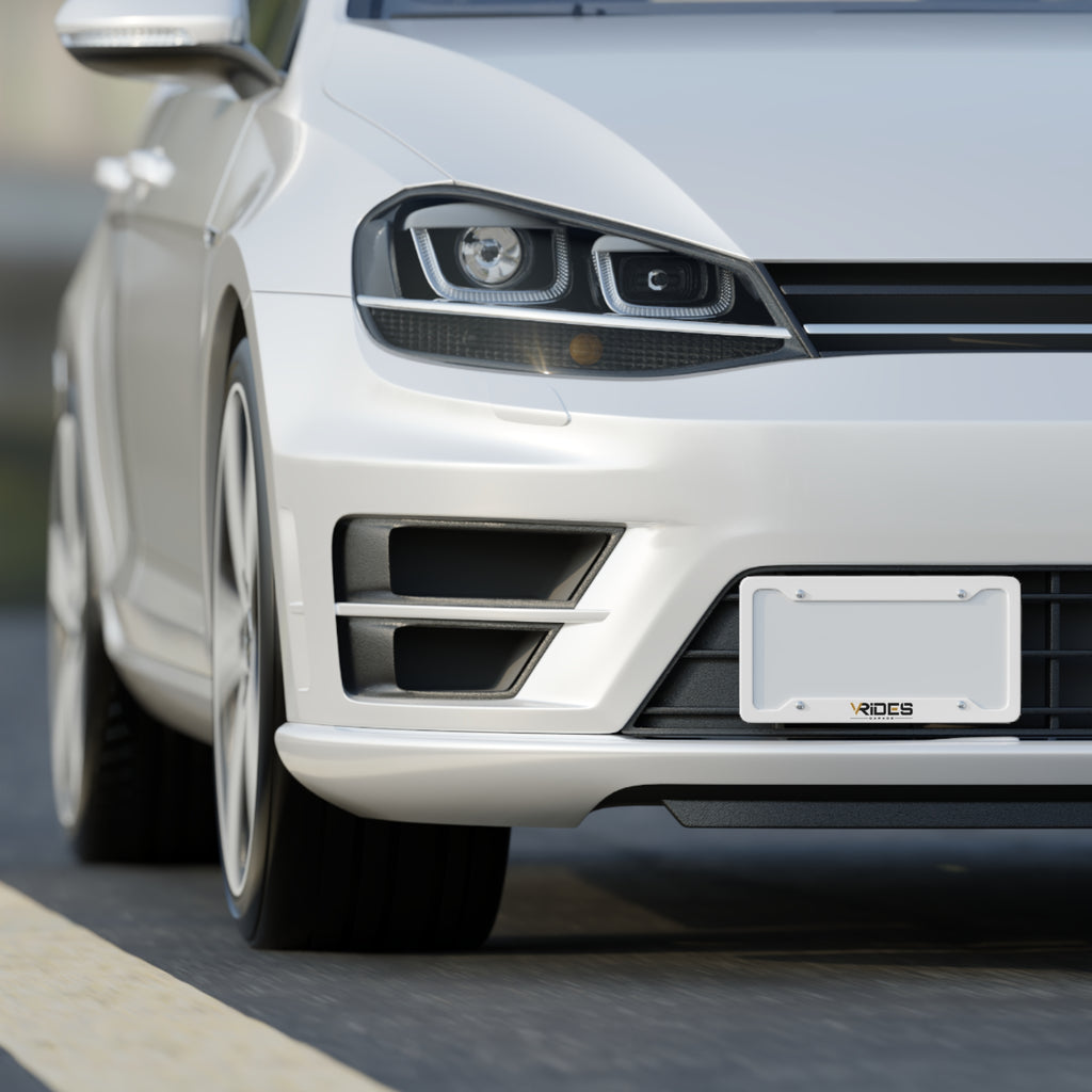 License Plate Frame - Sleek White Custom Car Frame with 'VRIDES' Logo